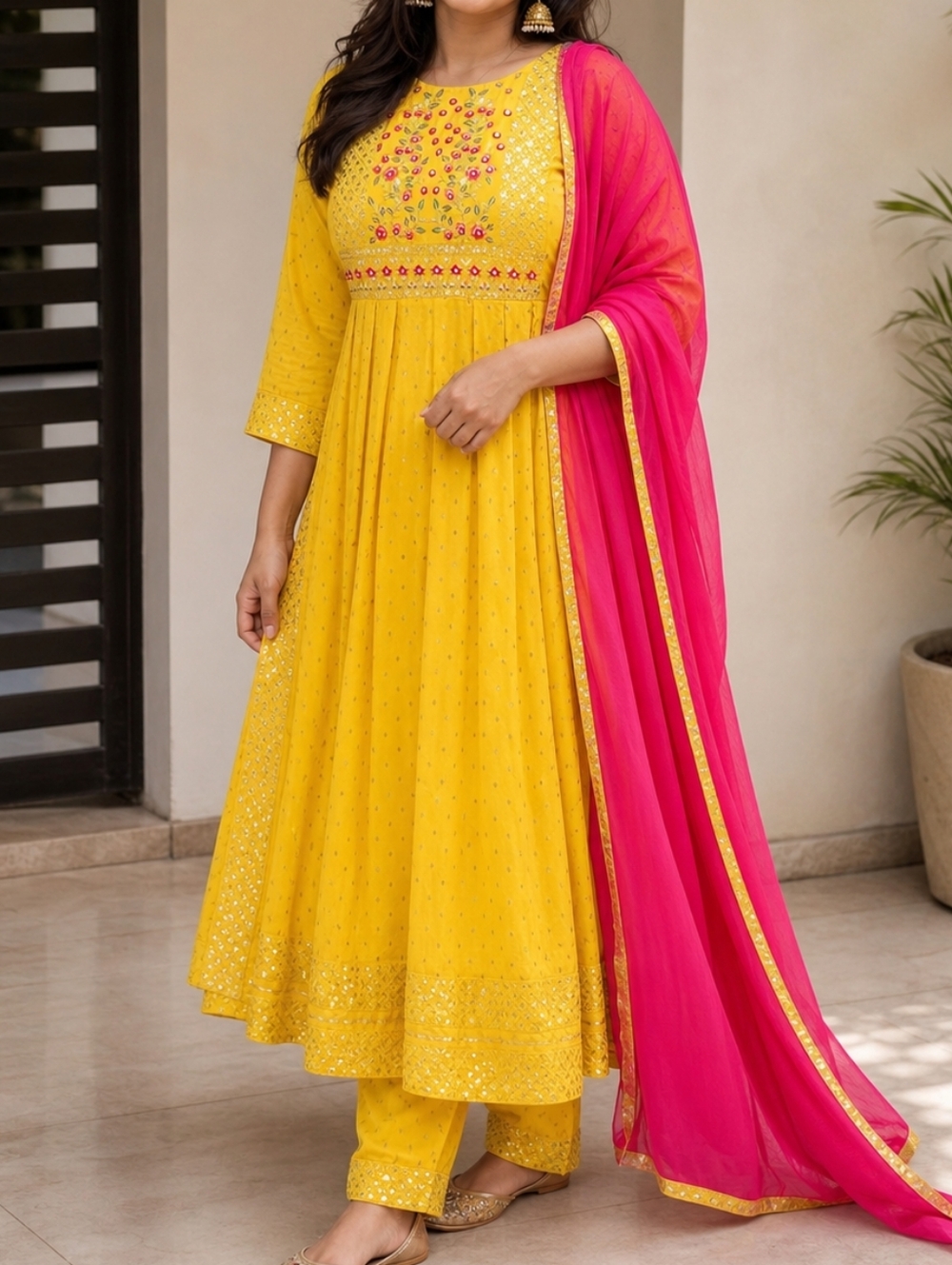 Yellow Embroidered Anarkali Set with Pink Dupatta
